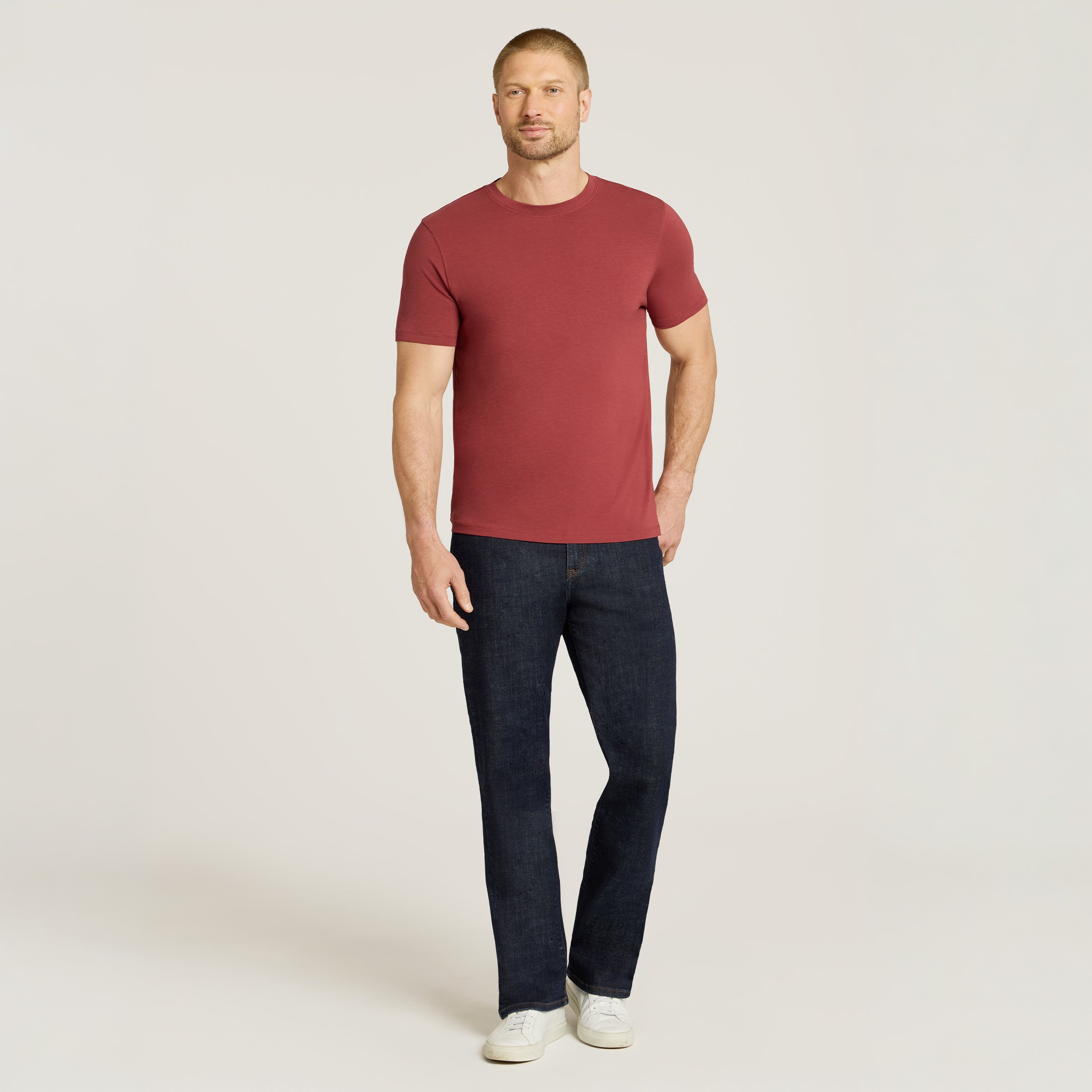 Men wearing Brick Red Luxe Stretch Tee
