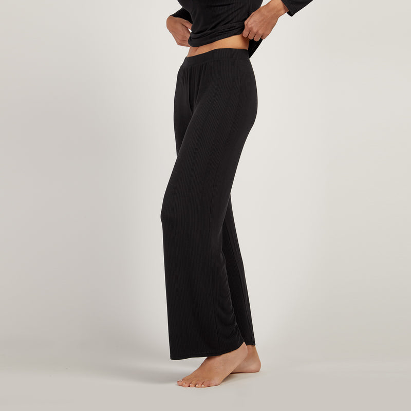 Women wearing Black Lounge Wide Leg Pants - Pre Order lounge