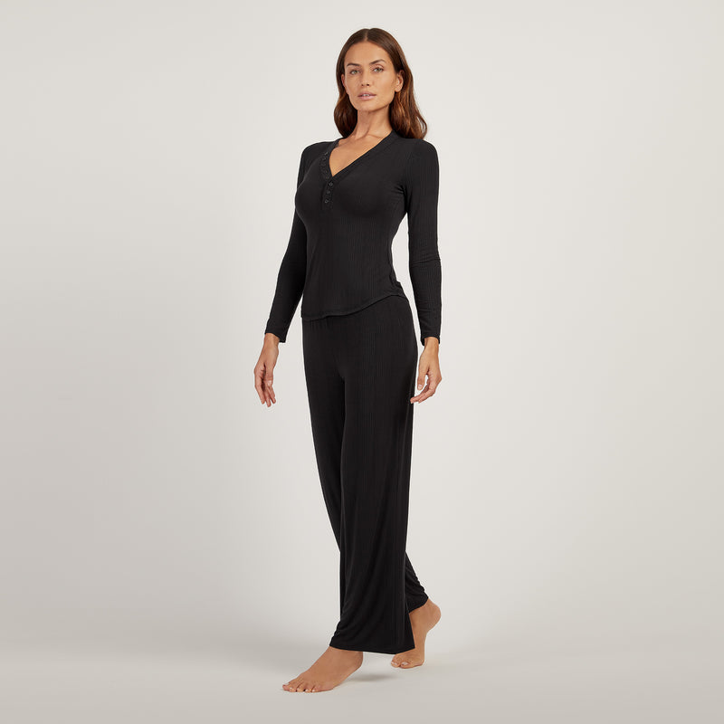 Women wearing Black Lounge Wide Leg Pants - Pre Order lounge