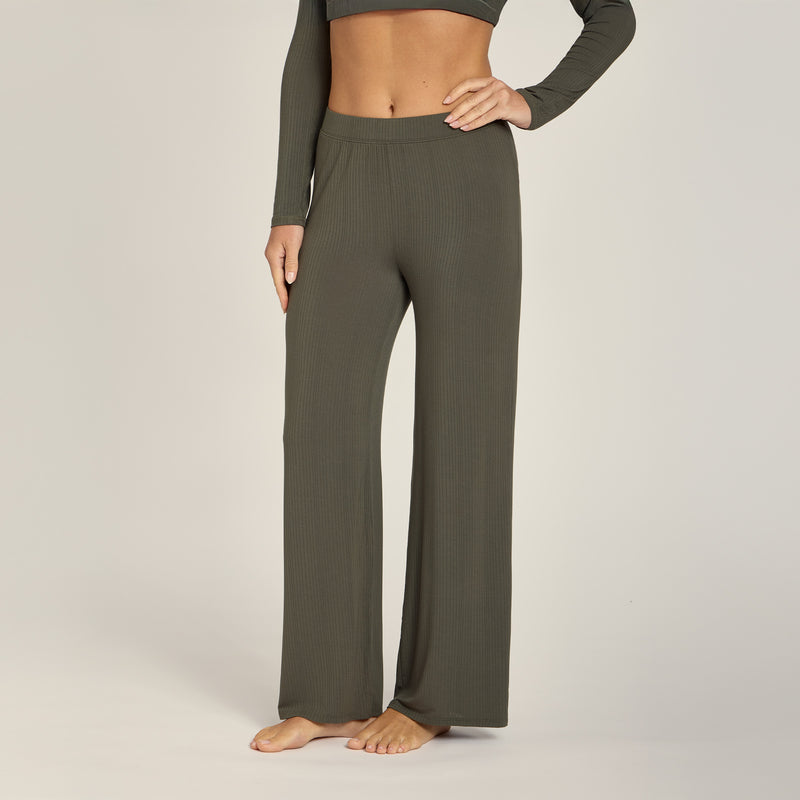 Women wearing Evergreen Lounge Wide Leg Pants - Pre Order lounge