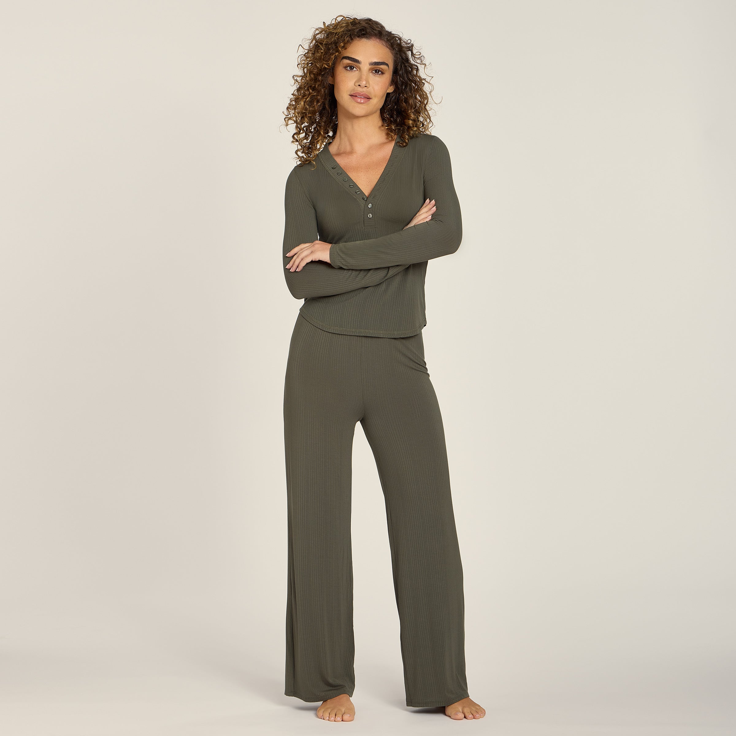 Women wearing Evergreen Lounge Wide Leg Pants - Pre Order lounge