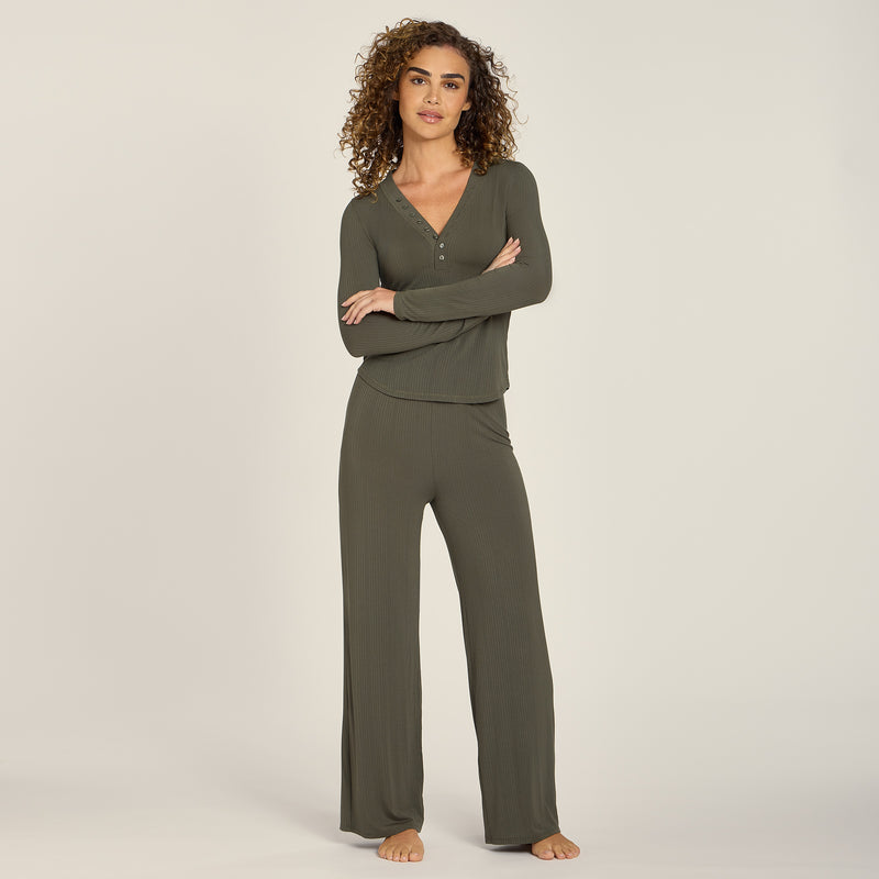 Women wearing Evergreen Lounge Wide Leg Pants - Pre Order lounge