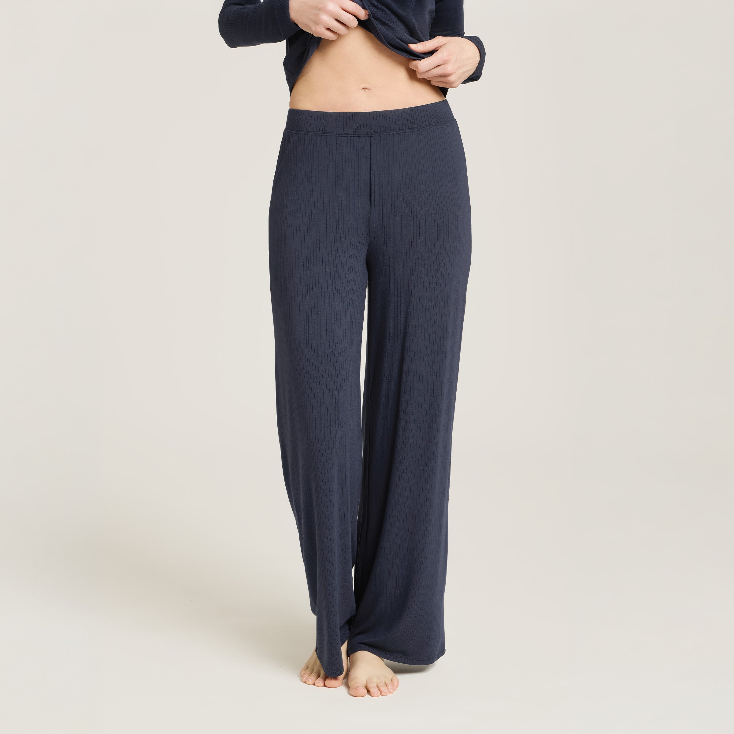 Women wearing Navy Lounge Wide Leg Pants