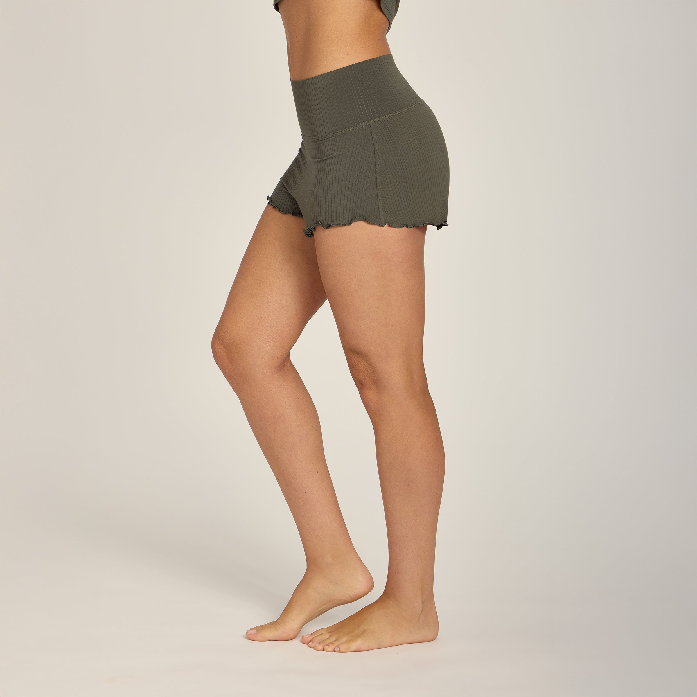  wearing Evergreen Lounge Wide Waistband Shorts - Pre Order lounge