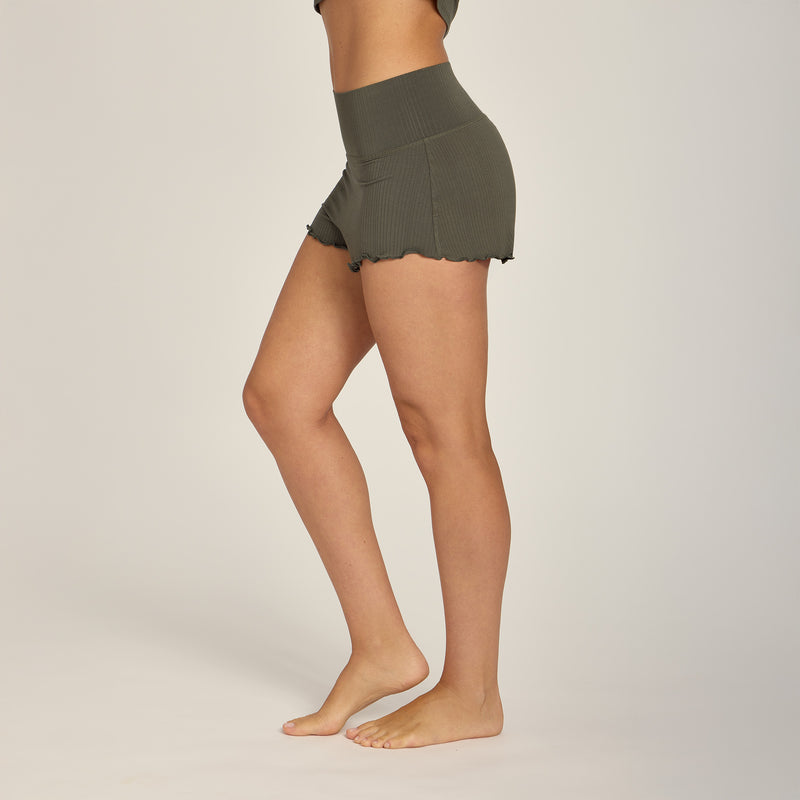  wearing Evergreen Lounge Wide Waistband Shorts - Pre Order lounge