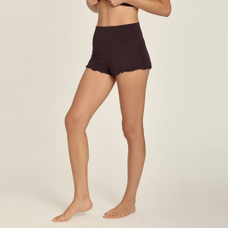  wearing Espresso Lounge Wide Waistband Shorts - Pre Order lounge