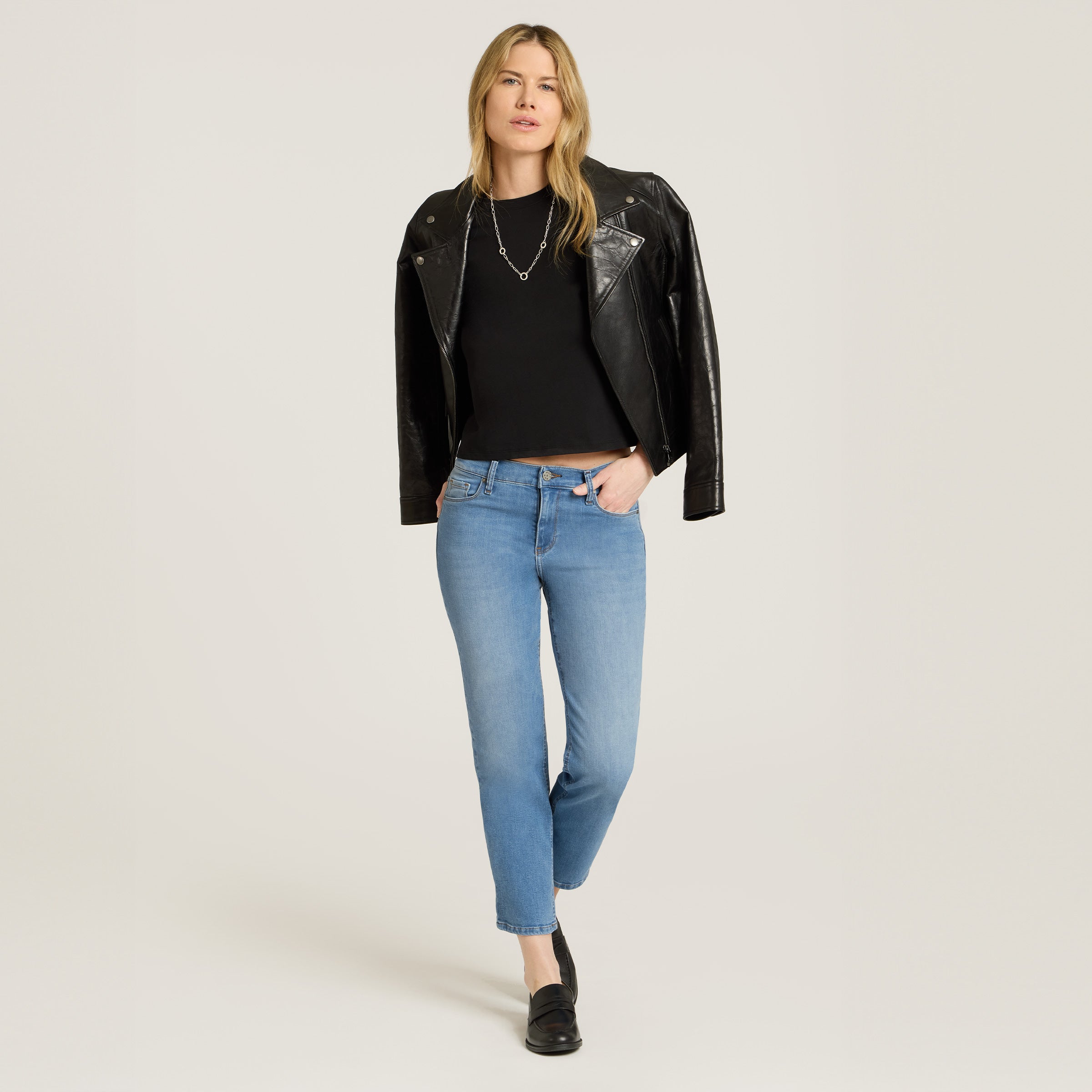 Women wearing Light Blue Mid Rise Slim Cropped Leg Logan Jeans