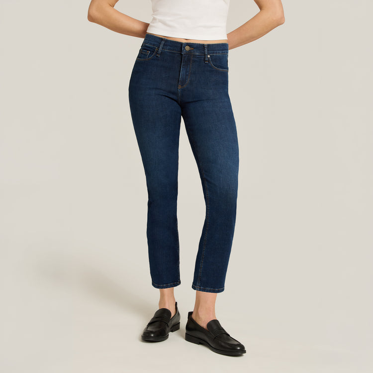 Women wearing Dark Blue Mid Rise Slim Cropped Leg Logan Jeans