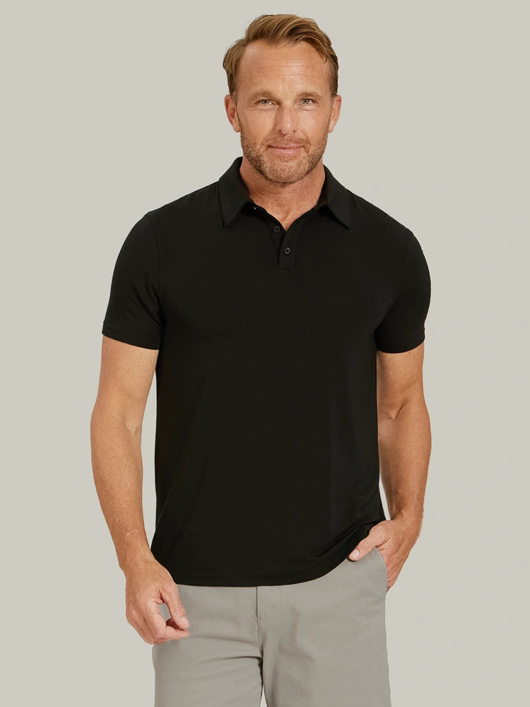 Men wearing Black Luxe Performance Polo tees