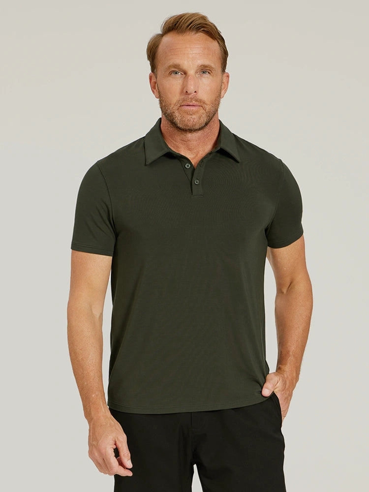 Men wearing Black Luxe Performance Polo tees