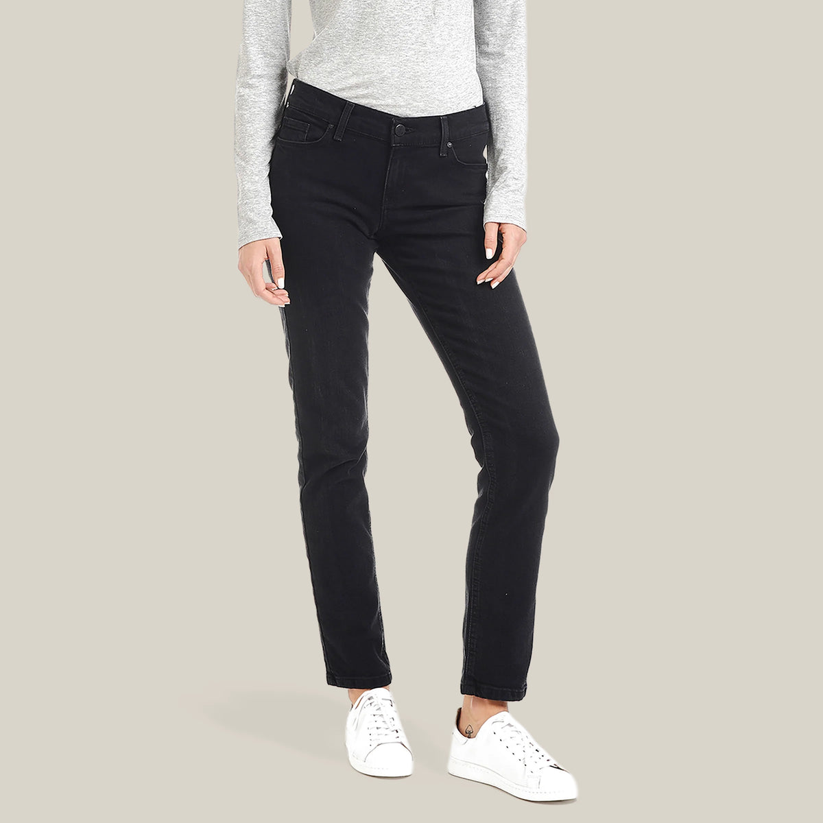 Women wearing Noir délavé Allen Mid Rise Slim Straight Jeans