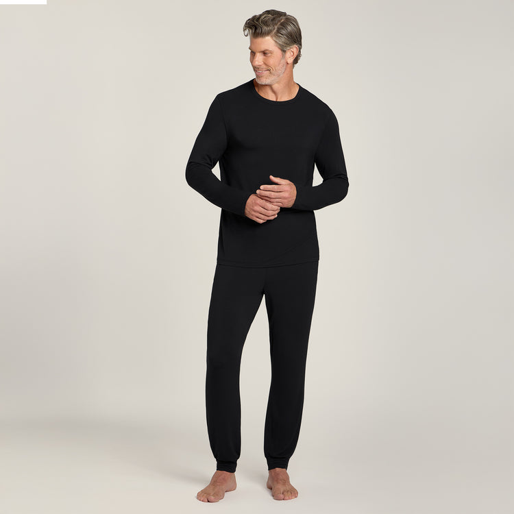Men wearing Black Unisex Pajama Long Sleeve Crew Neck