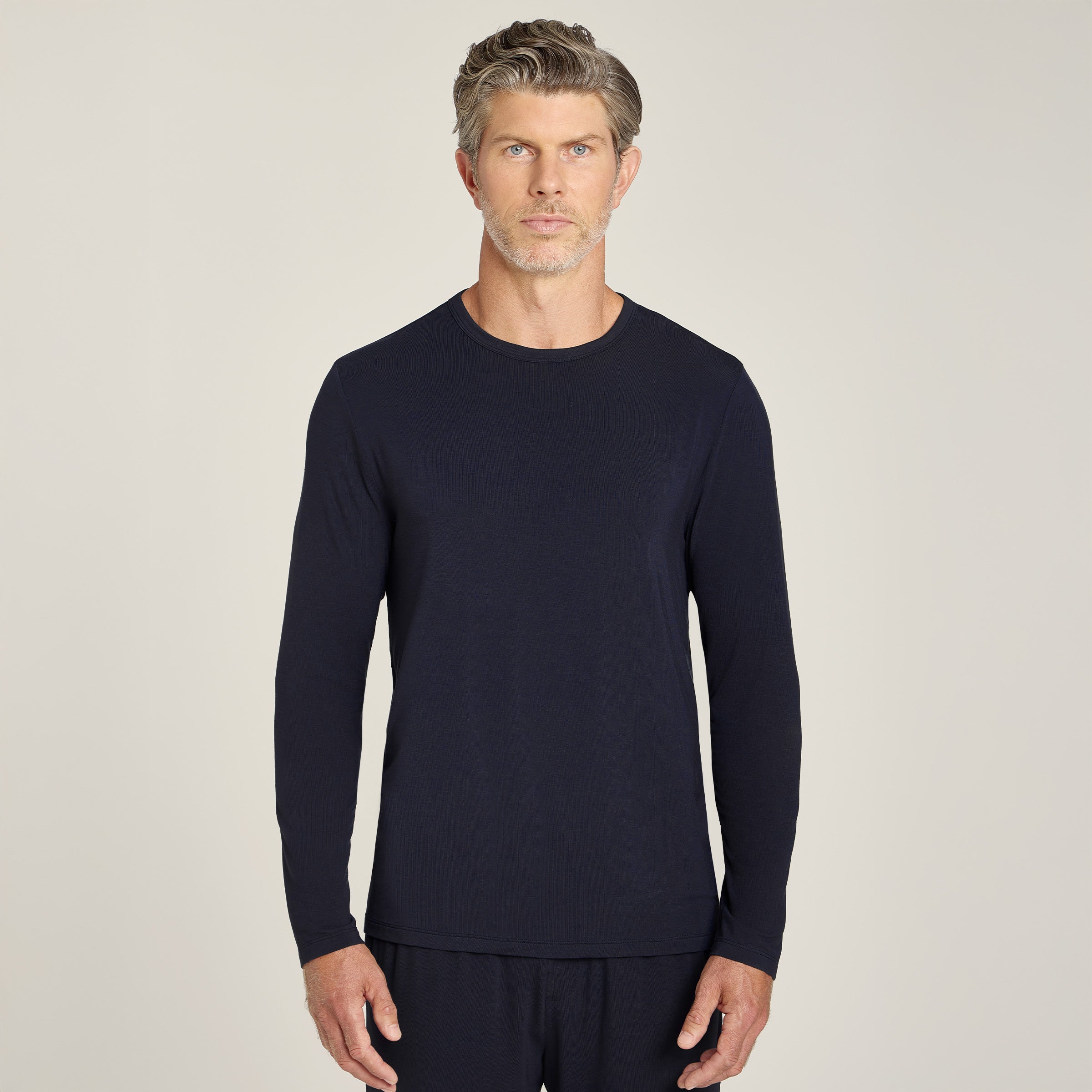 Men wearing Navy Unisex Pajama Long Sleeve Crew Neck