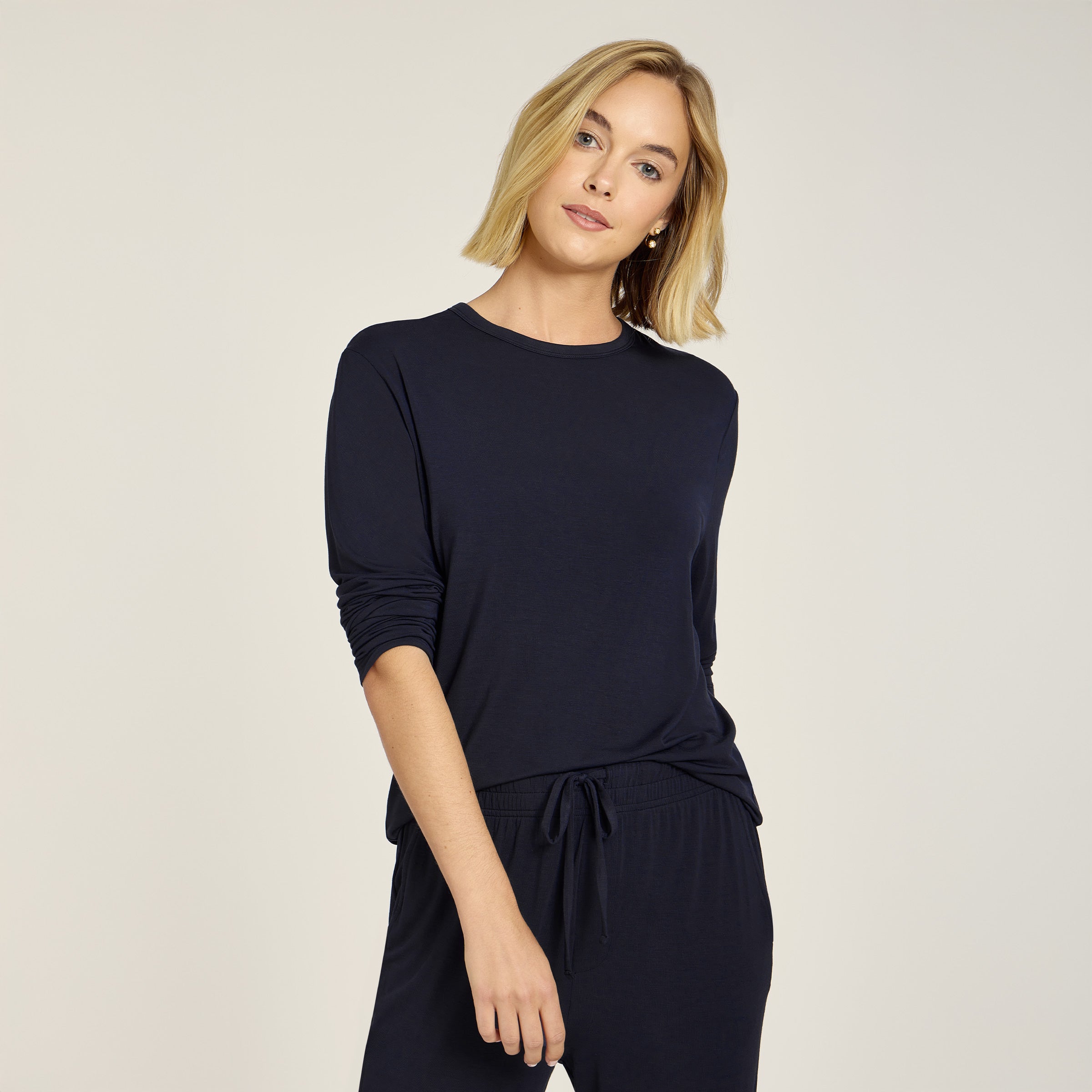 Men wearing Navy Unisex Pajama Long Sleeve Crew Neck