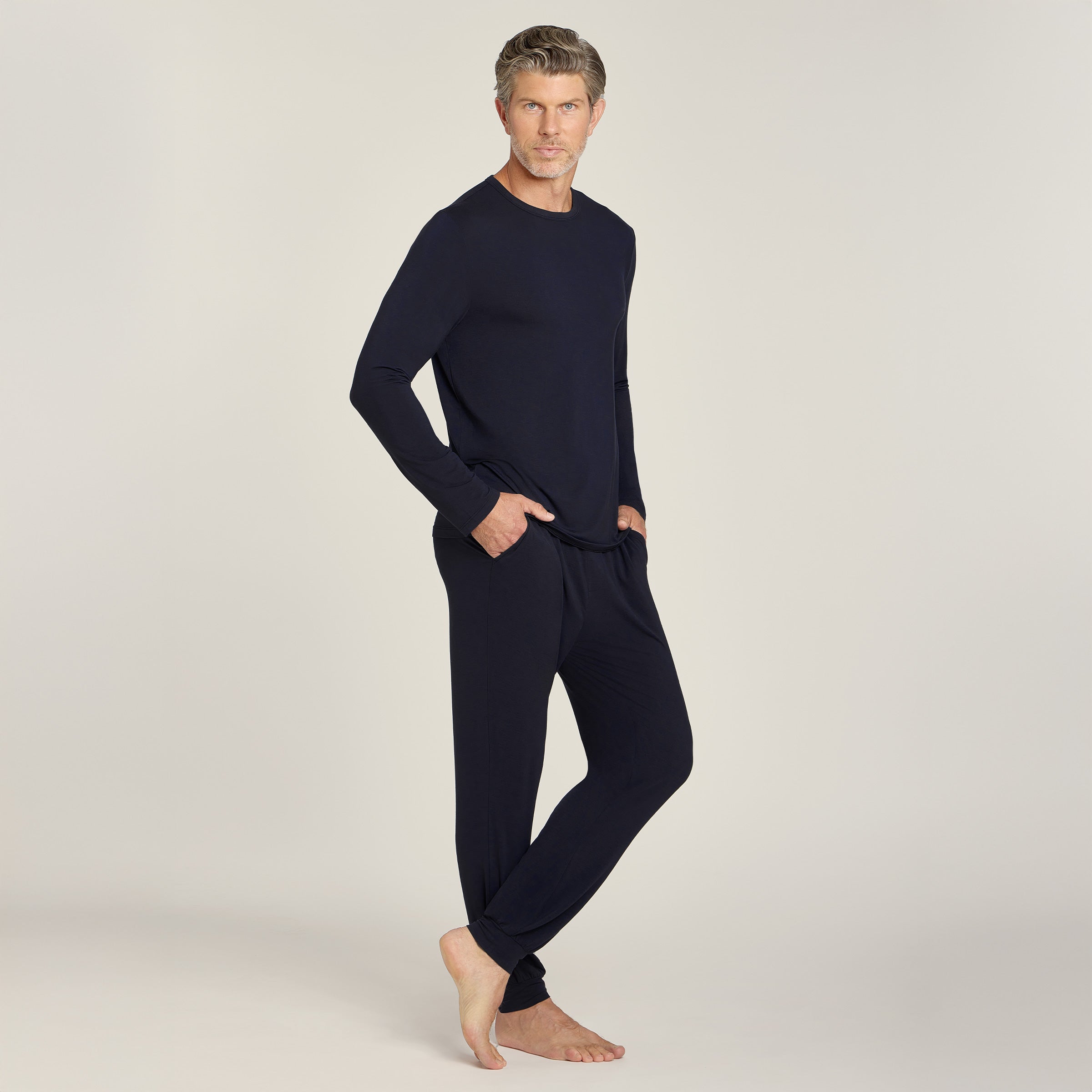 Men wearing Navy Unisex Pajama Long Sleeve Crew Neck