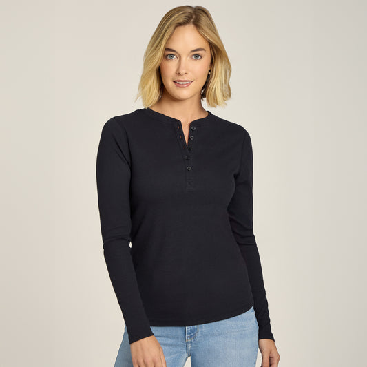 Long Sleeve Rib Henley Tee Black Crew tees