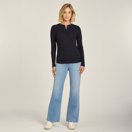 Long Sleeve Rib Henley Tee Black Crew tees