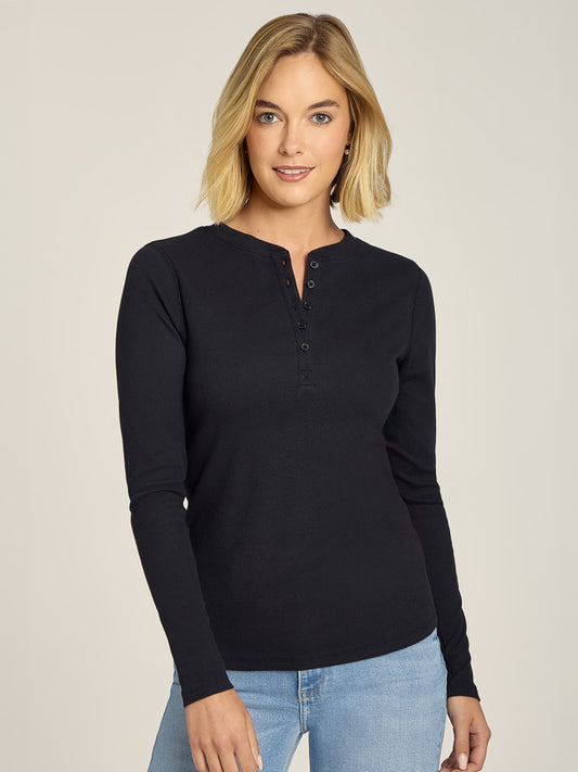 Long Sleeve Rib Henley Tee Black Crew tees