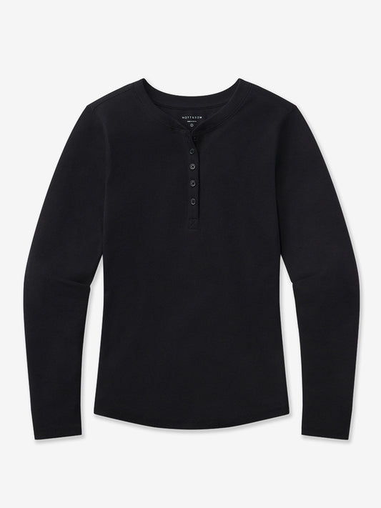 Long Sleeve Rib Henley Tee Black Crew tees