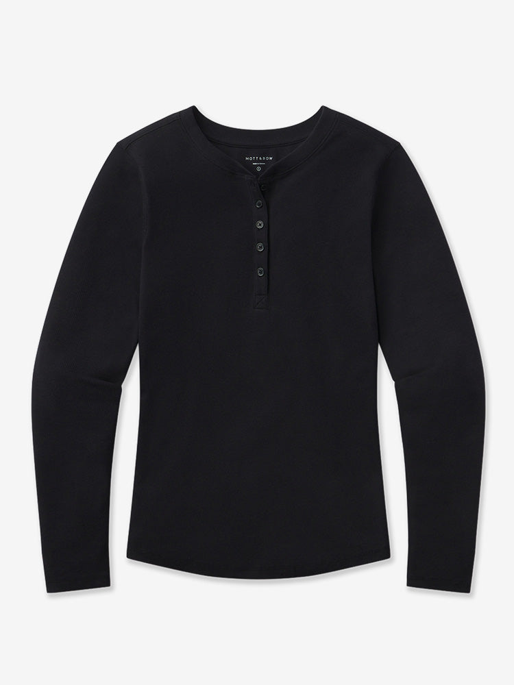 Women wearing Black Long Sleeve Rib Henley Tee