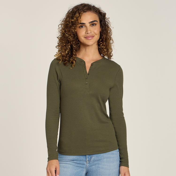 Women wearing Dark Olive Long Sleeve Rib Henley Tee