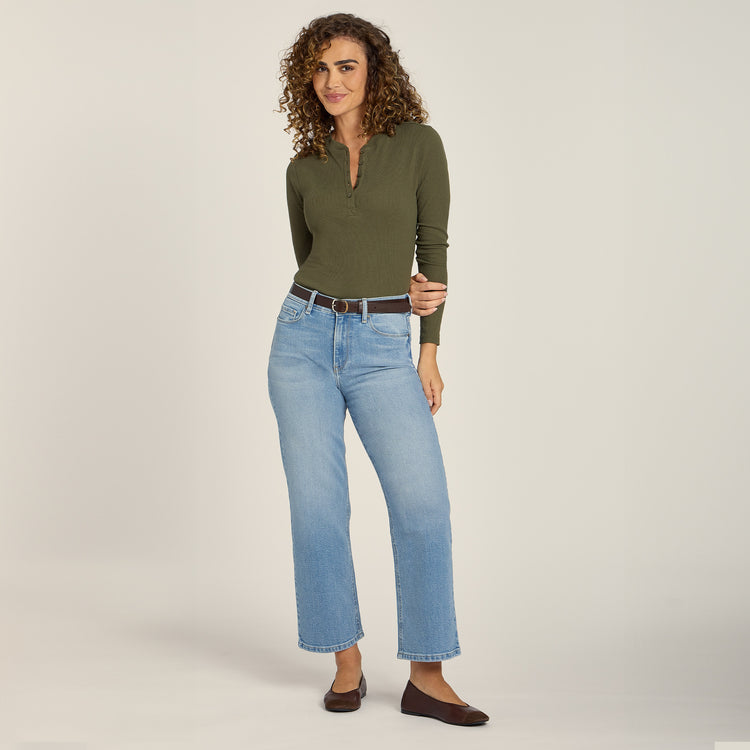 Women wearing Dark Olive Long Sleeve Rib Henley Tee