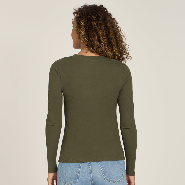 Women wearing Dark Olive Long Sleeve Rib Henley Tee