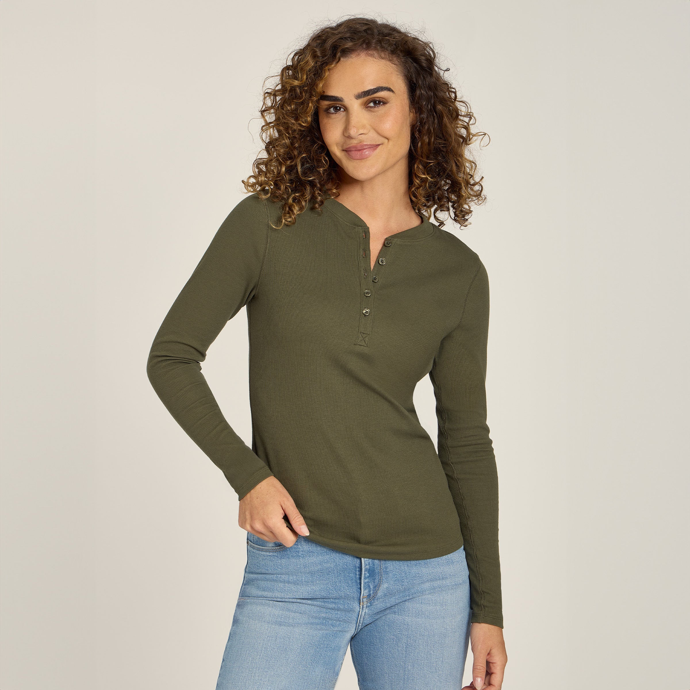 Women wearing Dark Olive Long Sleeve Rib Henley Tee