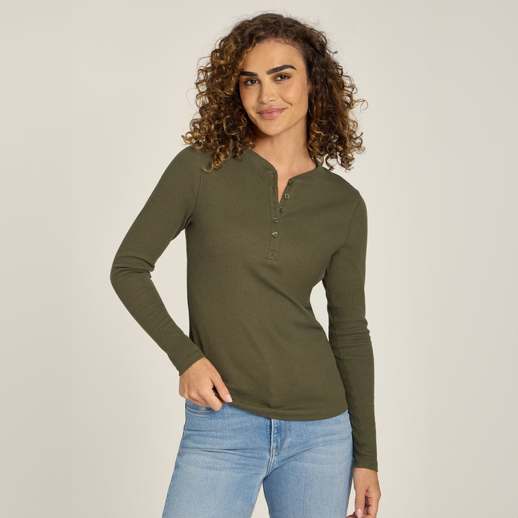 Women wearing Dark Olive Long Sleeve Rib Henley Tee