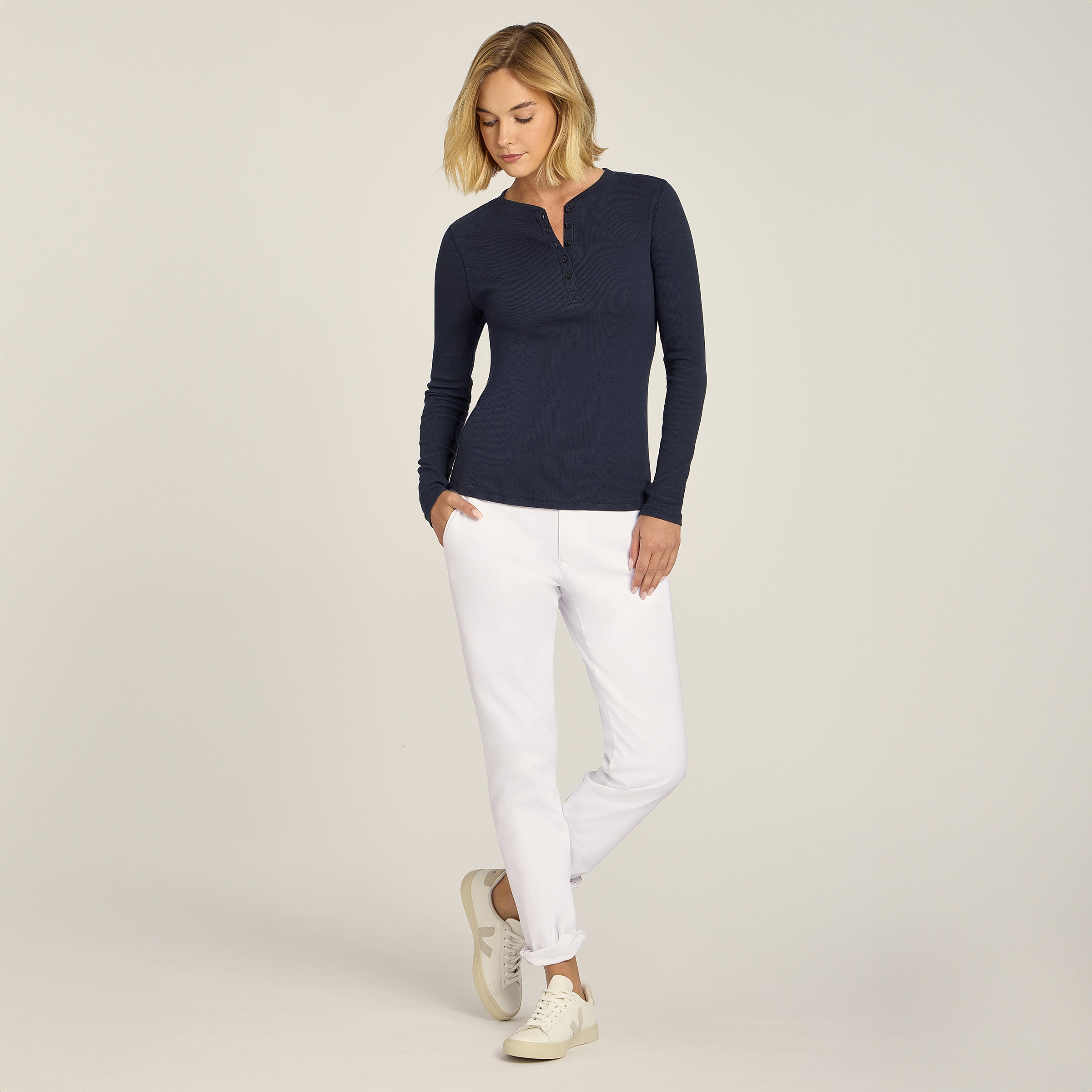 Women wearing Navy Long Sleeve Rib Henley Tee