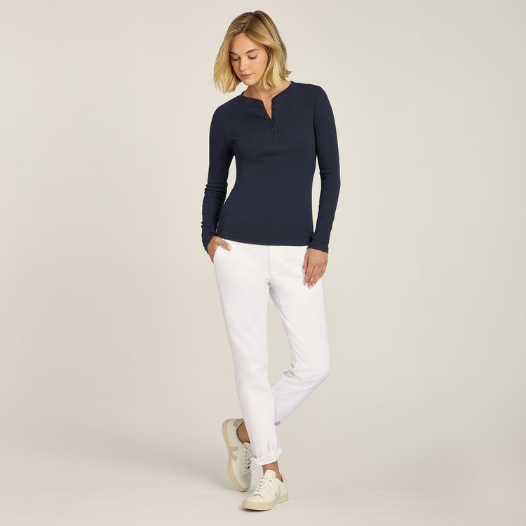 Women wearing Navy Long Sleeve Rib Henley Tee