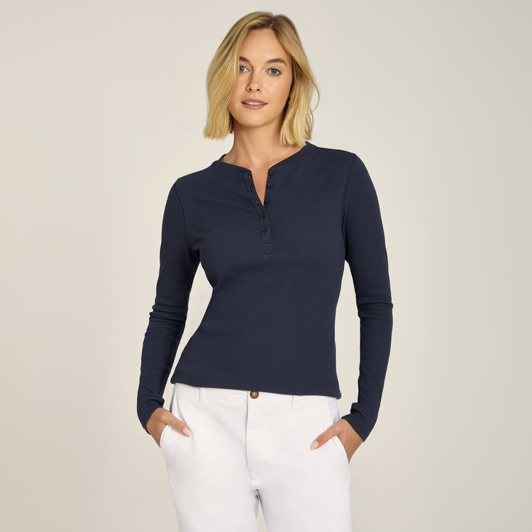 Women wearing Navy Long Sleeve Rib Henley Tee