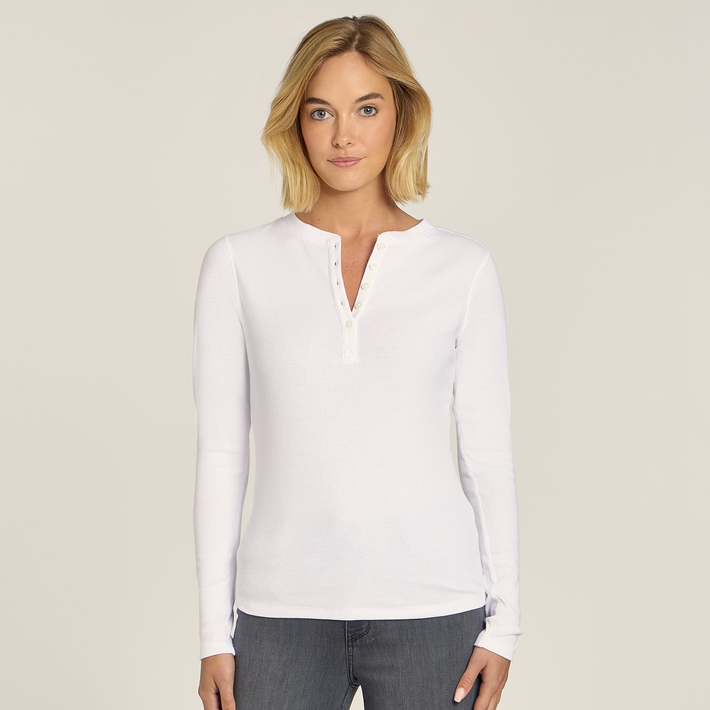 Women wearing White Long Sleeve Rib Henley Tee
