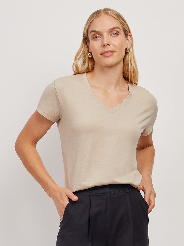 Women wearing Black Cotton Relaxed V-Neck Tee