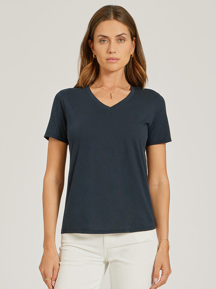 Women wearing White Relaxed V-Neck Marcy Tee tees