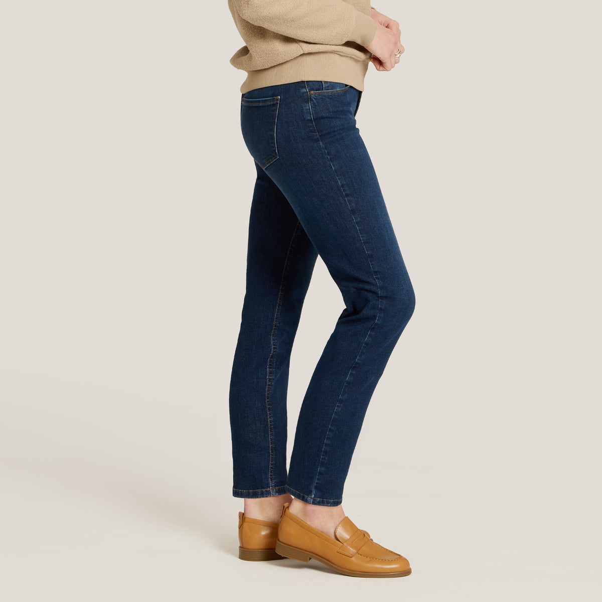 Women wearing Dark Blue Logan Mid Rise Slim Straight Jeans