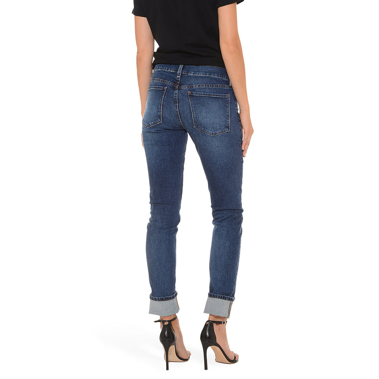 Women wearing Medium/Dark Blue Mid Rise Slim Straight Ridge Jeans