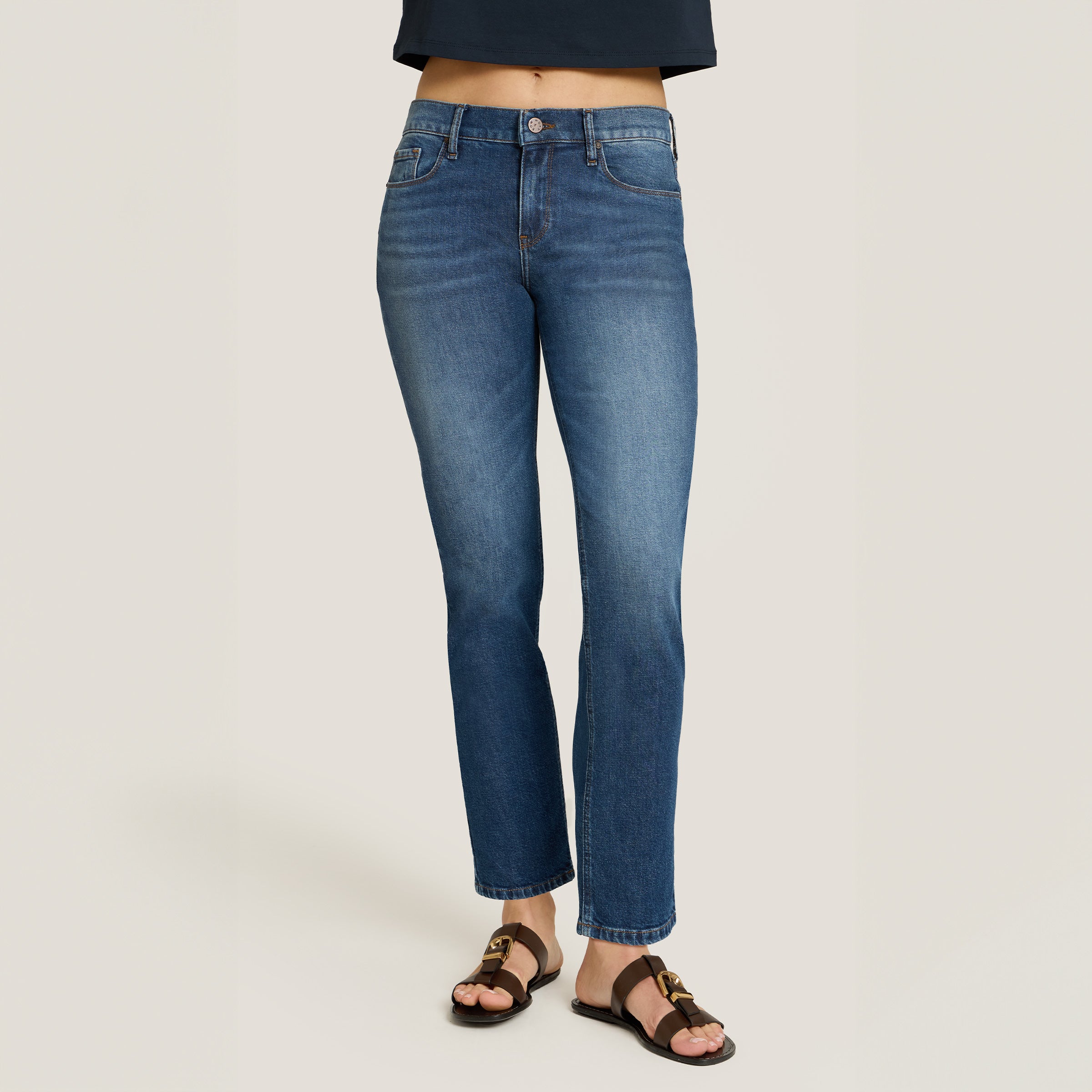 Women wearing Medium Blue Mid Rise Slim Straight Ridge Jeans