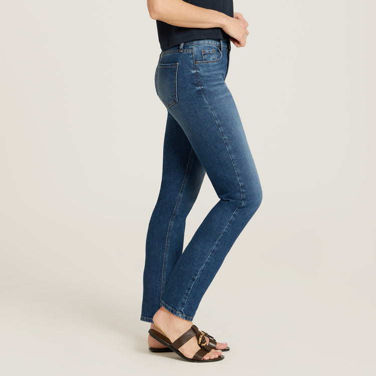Women wearing Medium Blue Mid Rise Slim Straight Ridge Jeans