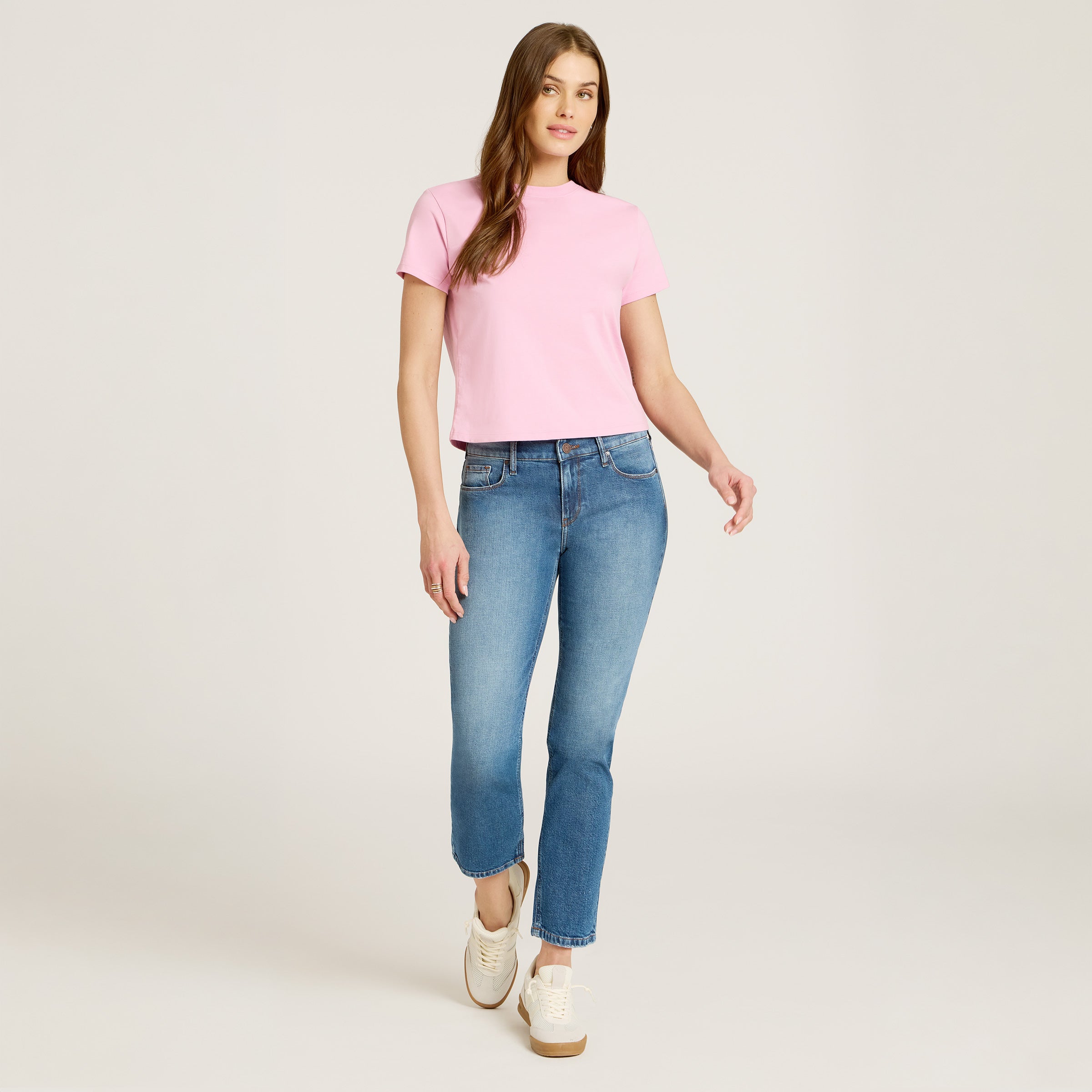 Women wearing Light Blue Mid Rise Slim Straight Ridge Jeans