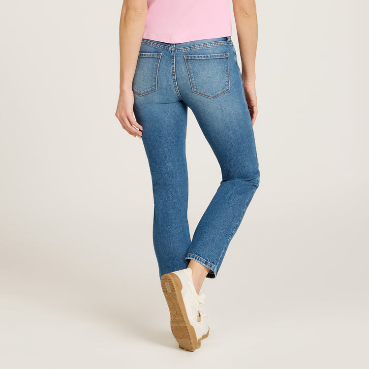 Women wearing Light Blue Mid Rise Slim Straight Ridge Jeans