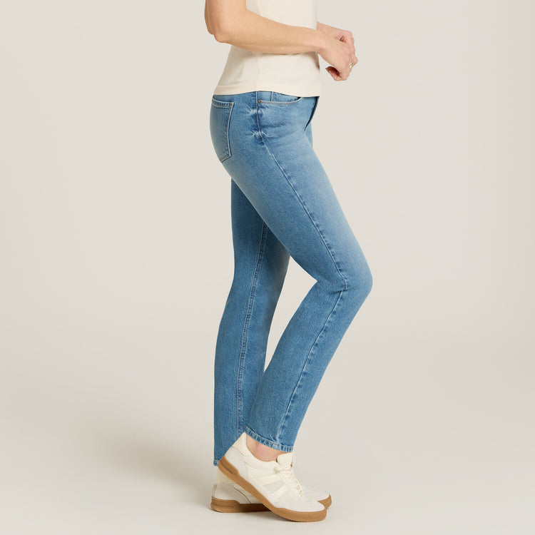 Women wearing Washed Out Blue Mid Rise Slim Straight Ridge Jeans