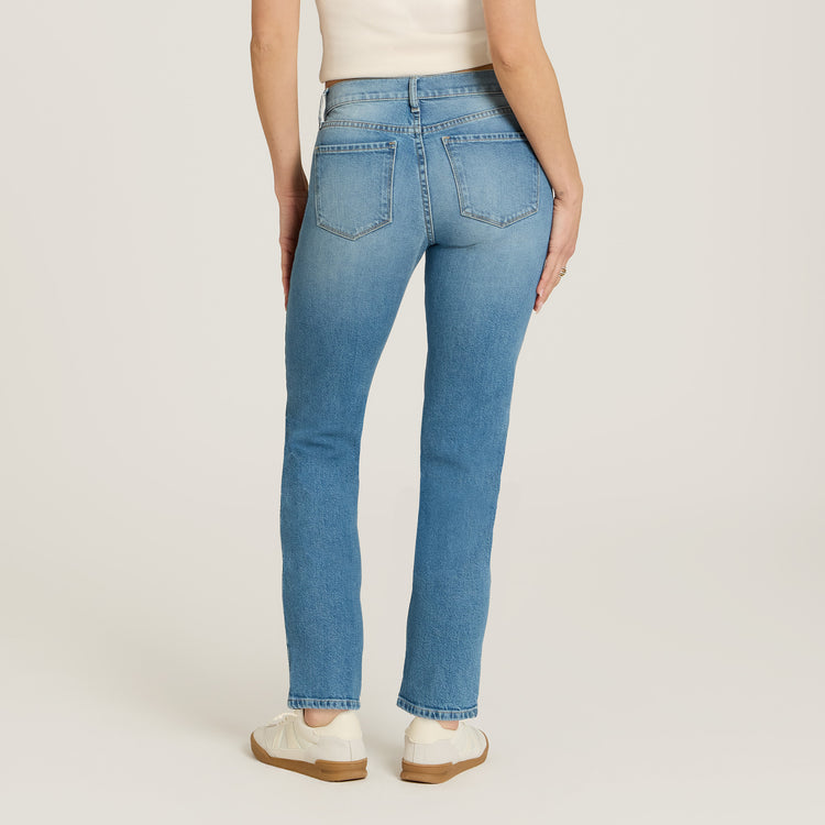 Women wearing Washed Out Blue Mid Rise Slim Straight Ridge Jeans
