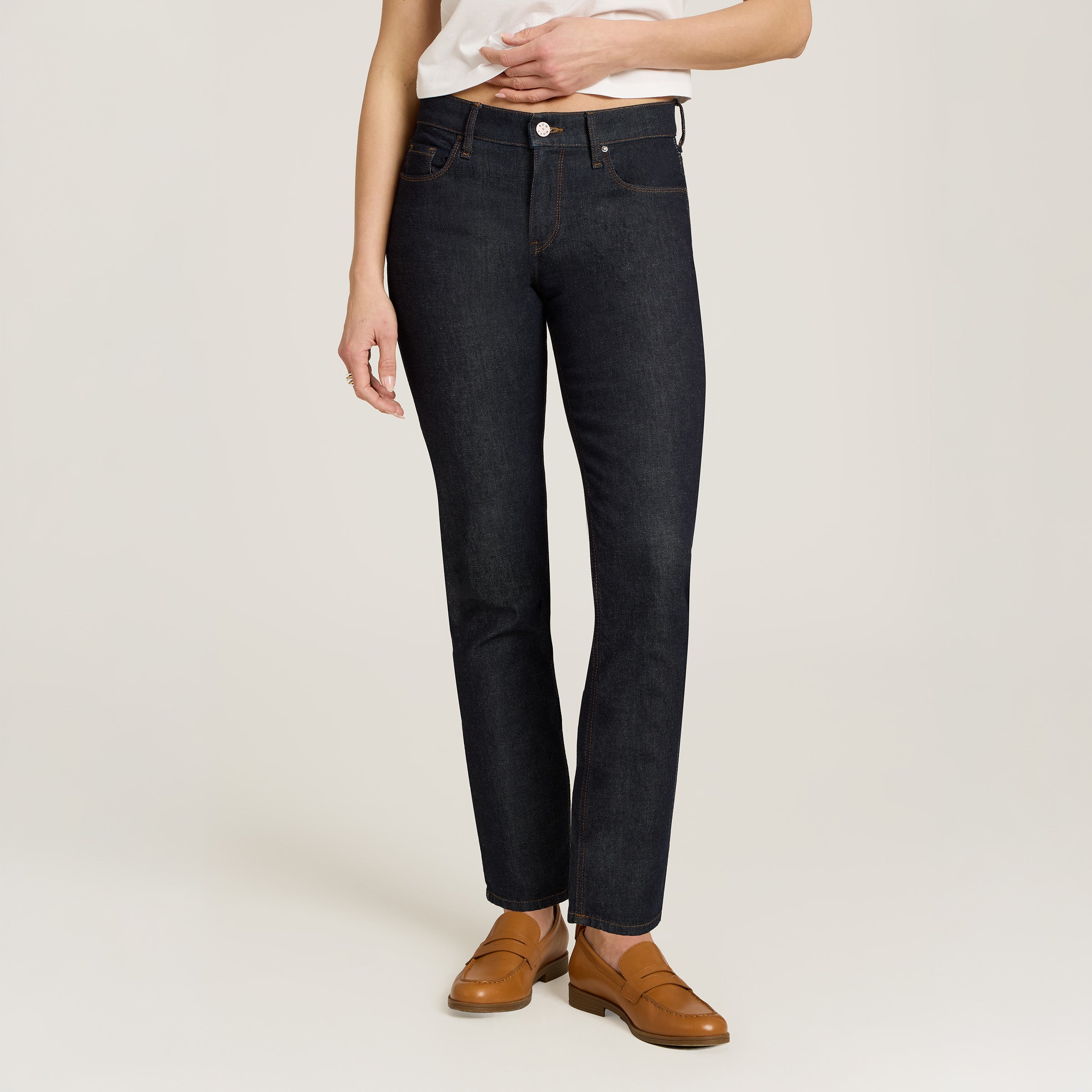 Women wearing Dark Blue Mid Rise Slim Straight Ridge Jeans