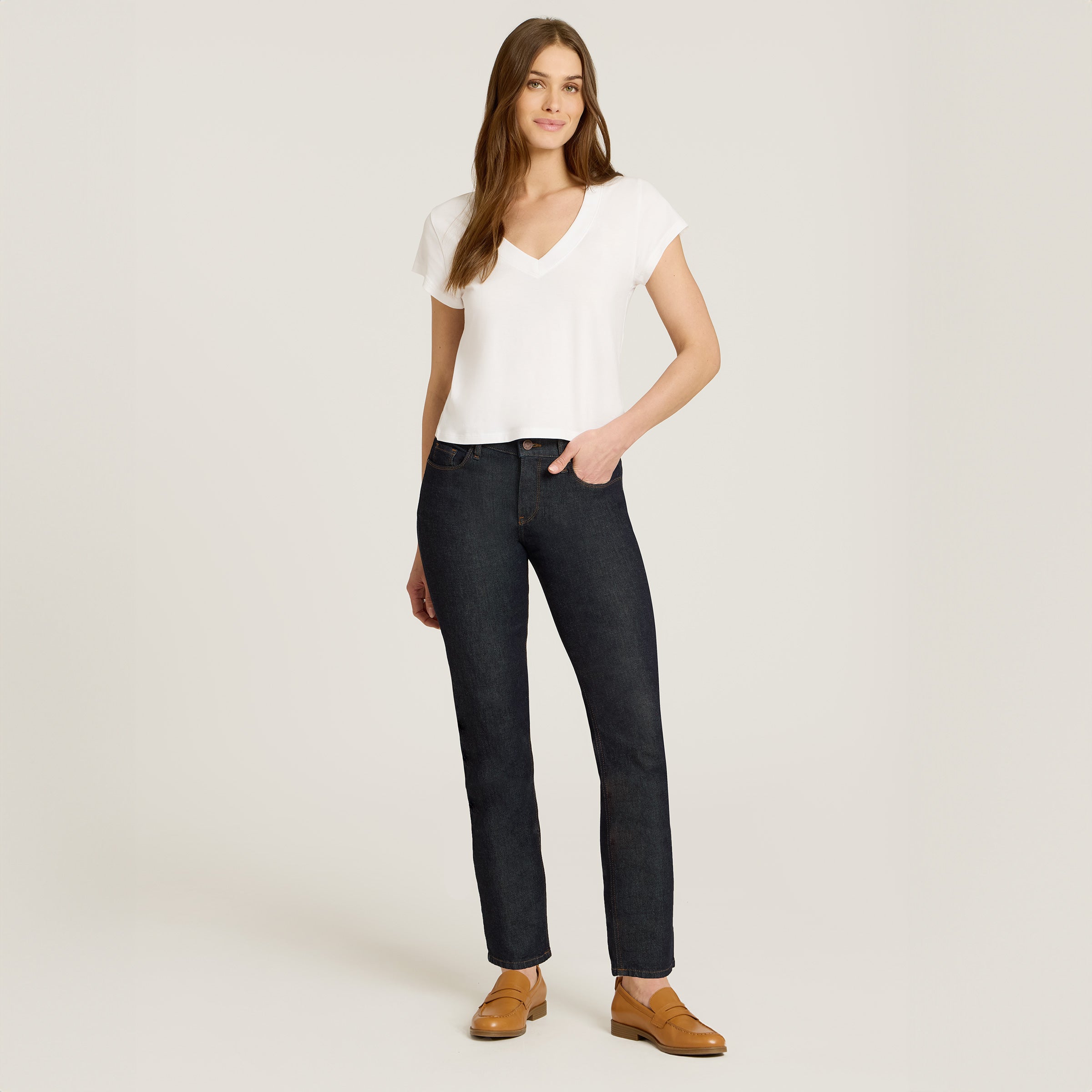 Women wearing Dark Blue Mid Rise Slim Straight Ridge Jeans
