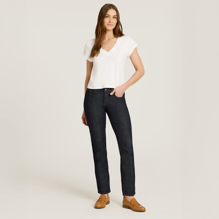 Women wearing Dark Blue Mid Rise Slim Straight Ridge Jeans