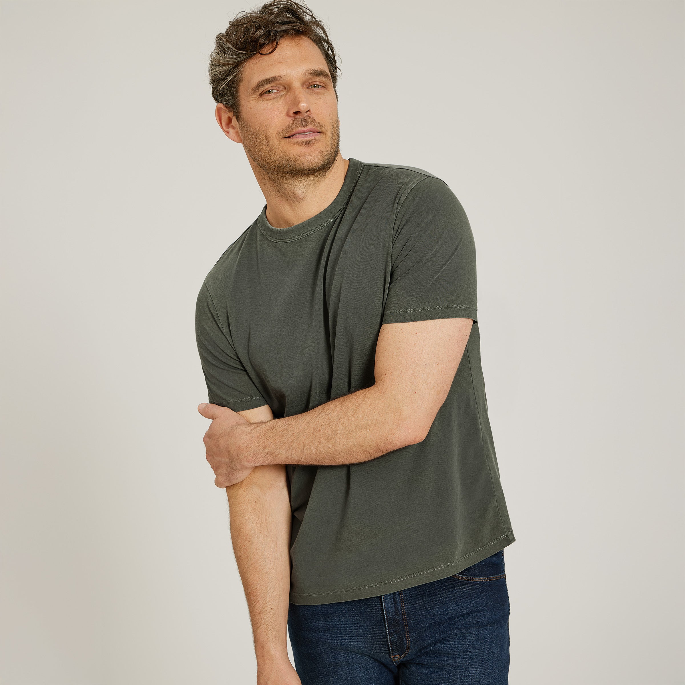 Men wearing Vintage Military Green Classic Crew Driggs Tee