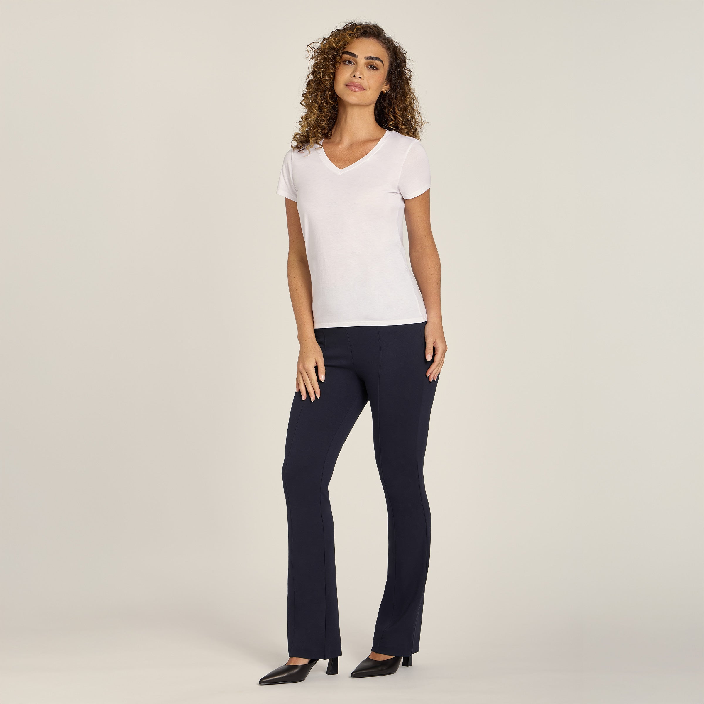 Women wearing Navy Slim Knit Pant