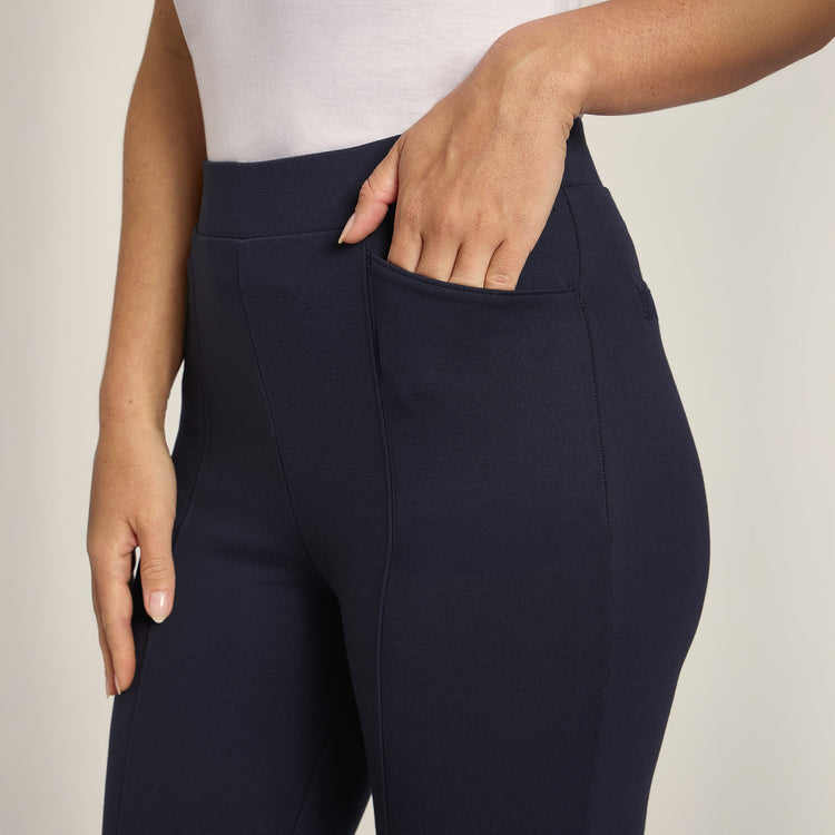 Women wearing Navy Slim Knit Pant
