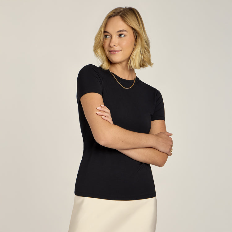 Women wearing Black Second Skin Crew Tee